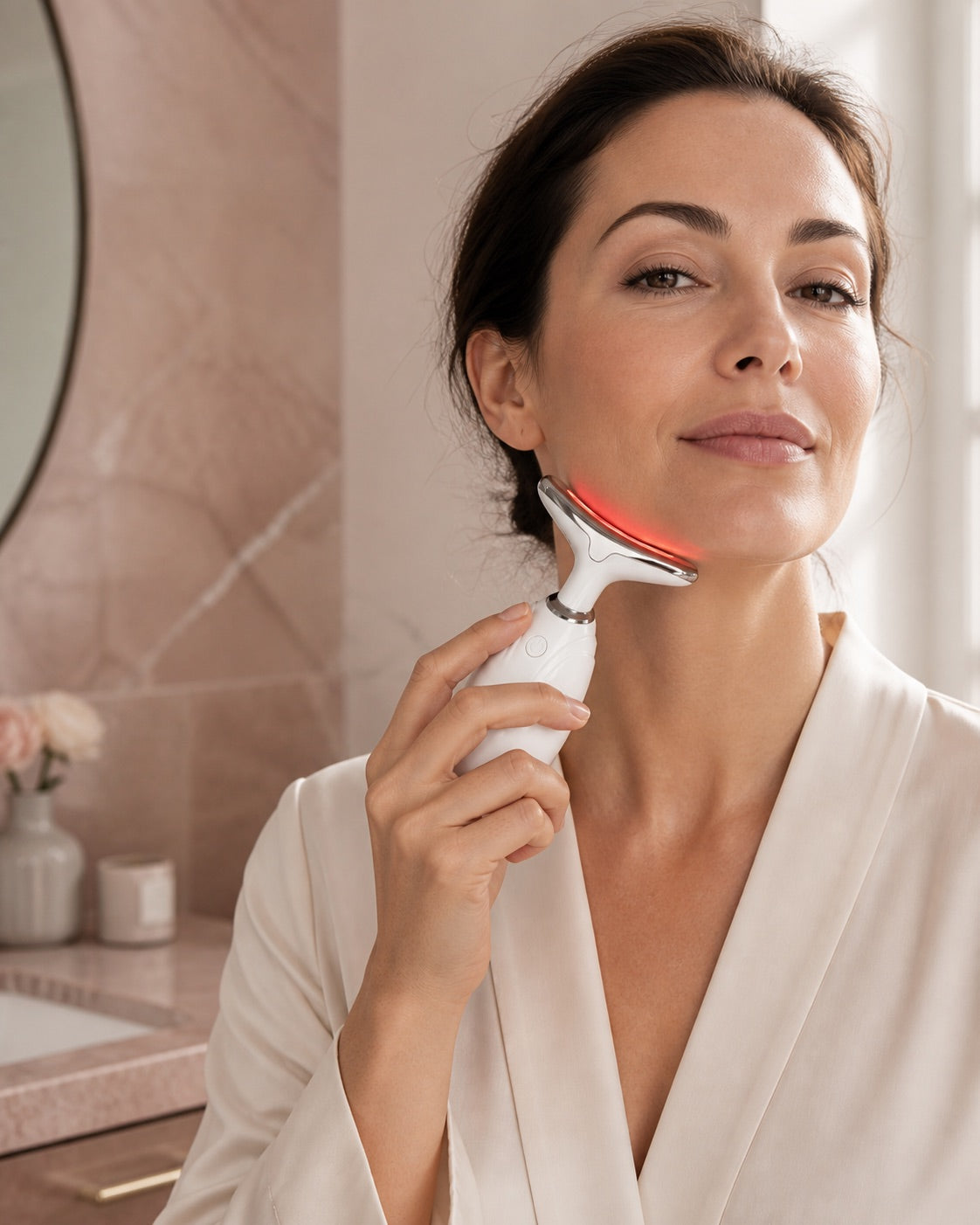 Woman using the Ovellea Sculptor along her jawline